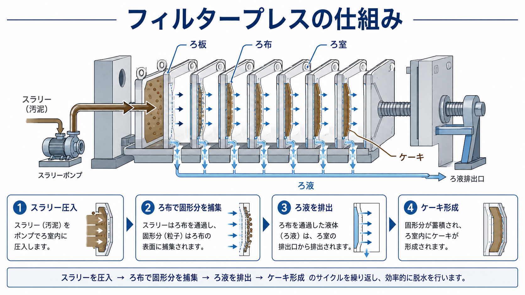 フィルタープレスの仕組み(加圧ろ過による固液分離)